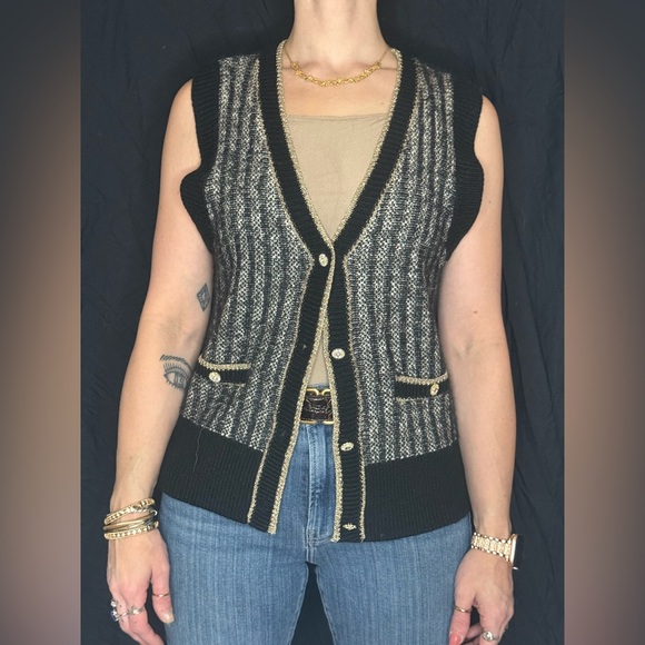 Cliché Black & Cream Women's Cardigan Vest with Diamanté Buttons- Size Medium - Picture 1 of 11